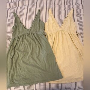 V-Neck Sleeveless Sundress in Olive Green and Pale Yellow